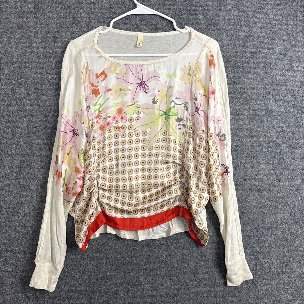 TINY Shirt Womens Size M White Floral silky Knit Artsy Boho